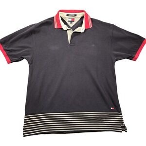 Tommy Hilfiger Polo Shirt Mens Medium Navy Red‎ Striped Hem Flag Logo Rugby